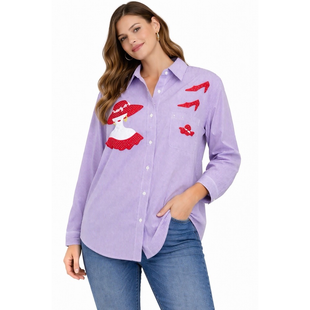 Las Olas Women"s Purple Stripe Shirt‎ XL Red Hat Heels Embroidered Novelty Top